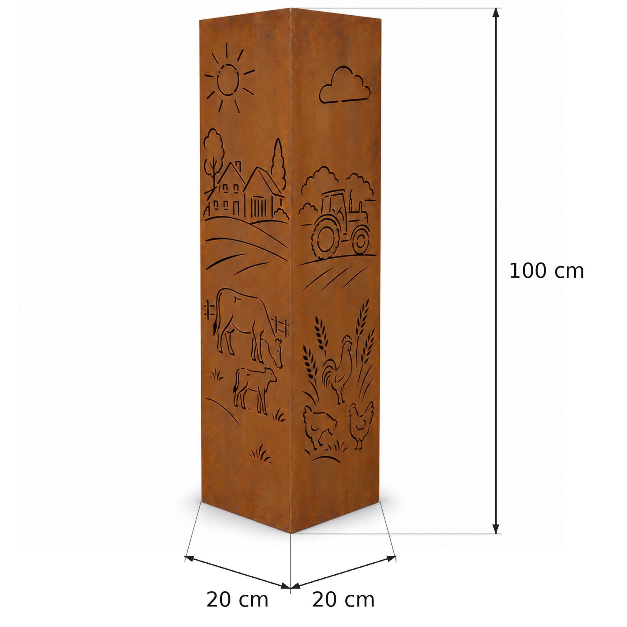 Bauernhof Säule 100 cm mit Maßangaben – 20 × 20 cm Grundfläche, Cortenstahl fertig gerostet.