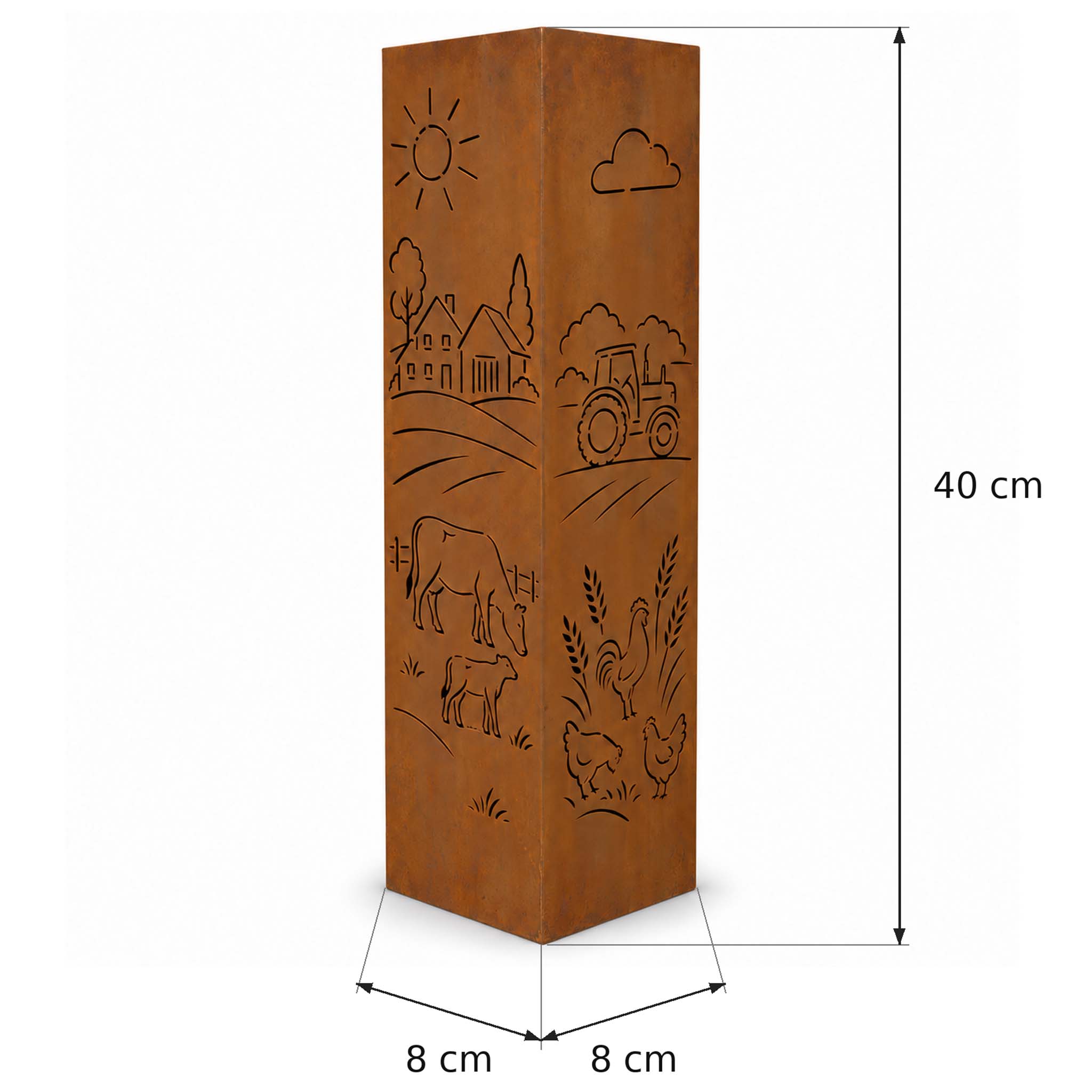 Bauernhof Säule 40 cm mit Maßangaben – 8 × 8 cm Grundfläche, kleine Edelrost Deko für Tisch und Fensterbank.