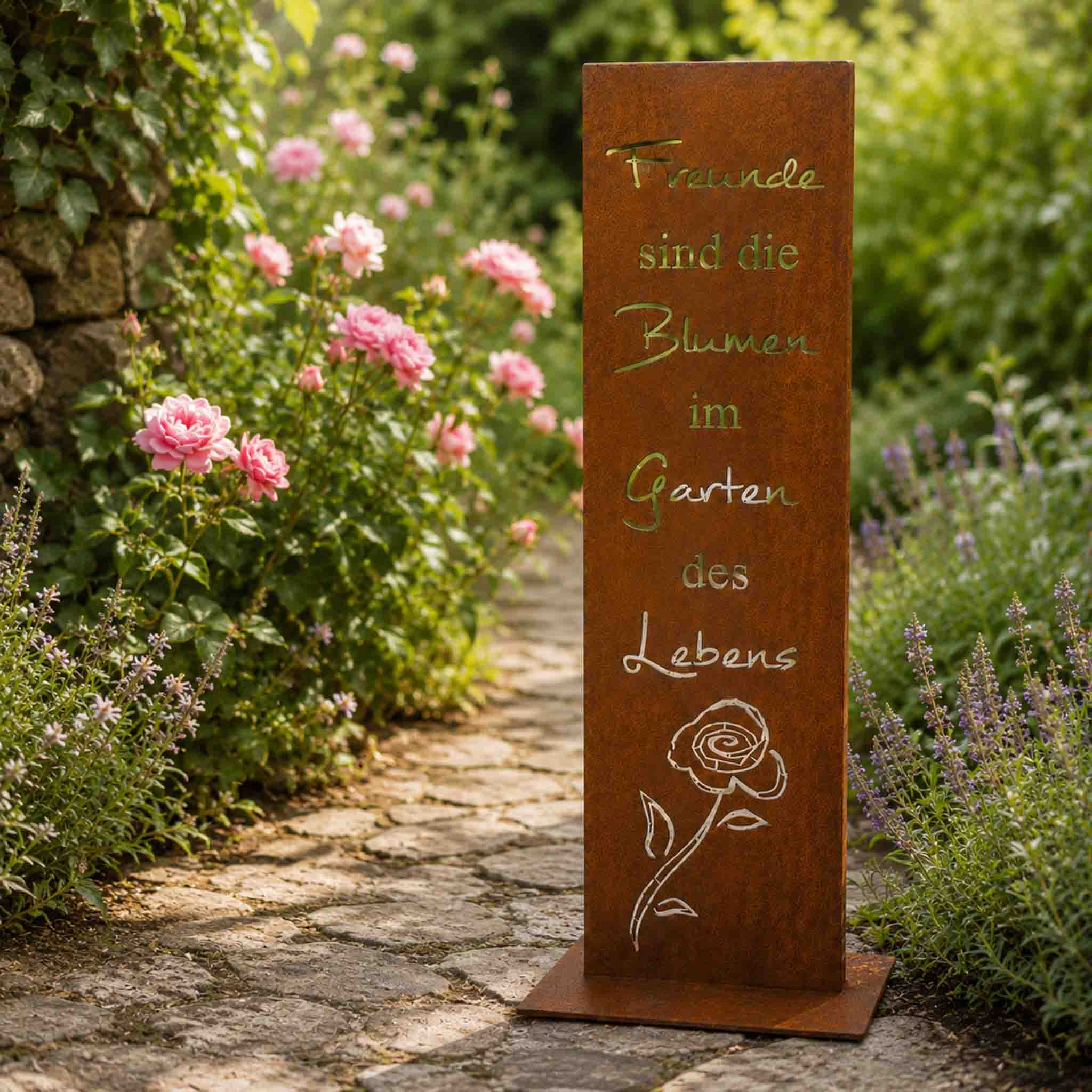 Edelrost Gartenstele mit Freundschafts-Spruch und Rose, 71 cm hoch auf stabiler Bodenplatte