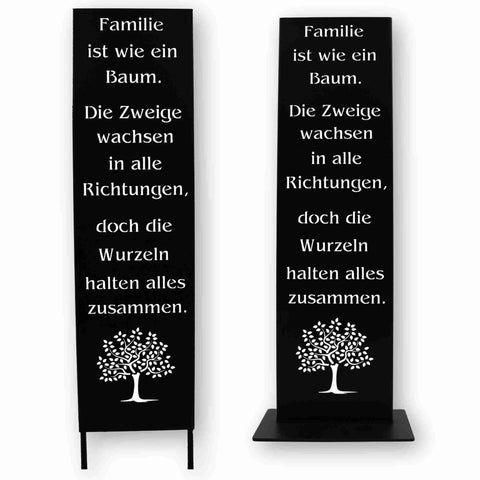 chwarzes matt pulverbeschichtetes Schild mit Familienspruch, perfekt als Dekoration für Wohnzimmer, Garten oder Terrasse.