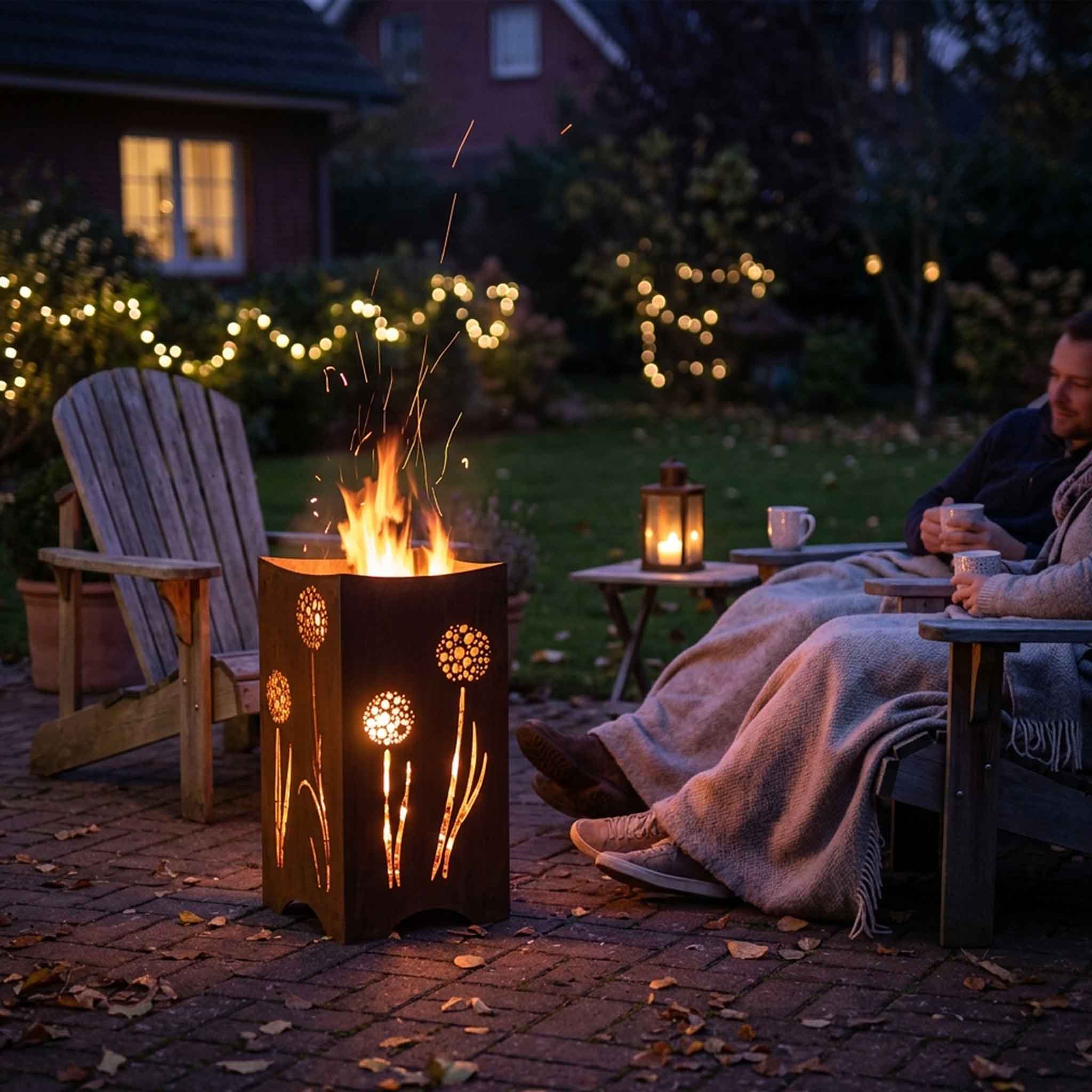 Feuerkorb mit Pusteblumen-Motiv am Herbstabend im Garten – gemütliche Feuerstelle mit Lichtspiel durch Lasercut.