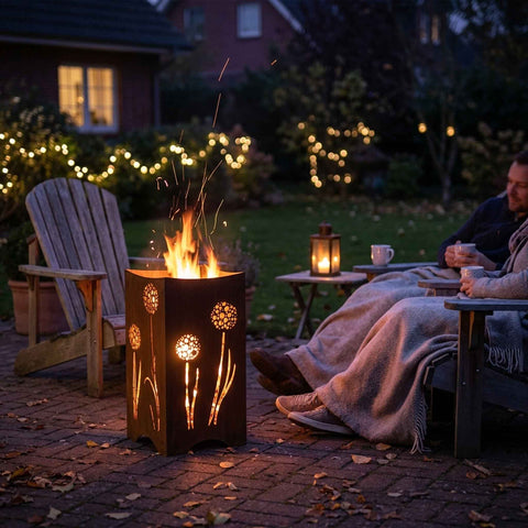 Feuerkorb mit Pusteblumen-Motiv am Herbstabend im Garten – gemütliche Feuerstelle mit Lichtspiel durch Lasercut.