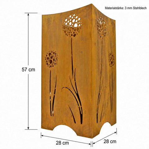 Feuerkorb Pusteblume Maße – Skizze mit Abmessungen: 57 cm hoch, 28 × 28 cm Grundfläche.