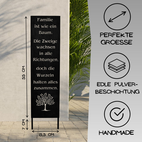 Dekoratives Schild mit Familienspruch, ideal für Wohnzimmer, Garten oder Terrasse, handgefertigt und schwarz matt beschichtet.