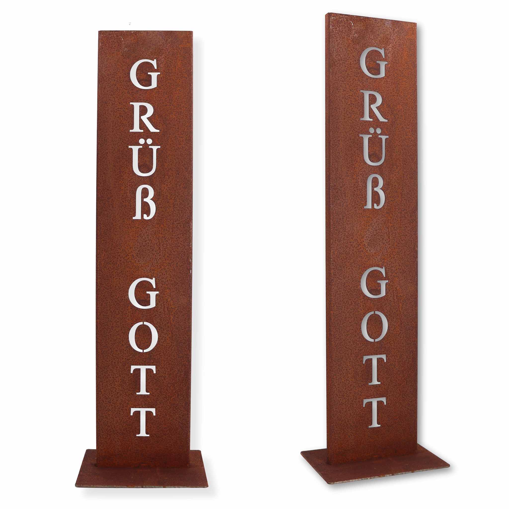 Gartenschild aus Edelrost Metall mit Schriftzug ‚GRÜß GOTT‘ – Rostsäule als dekorative Begrüßung für Garten, Eingang oder Terrasse