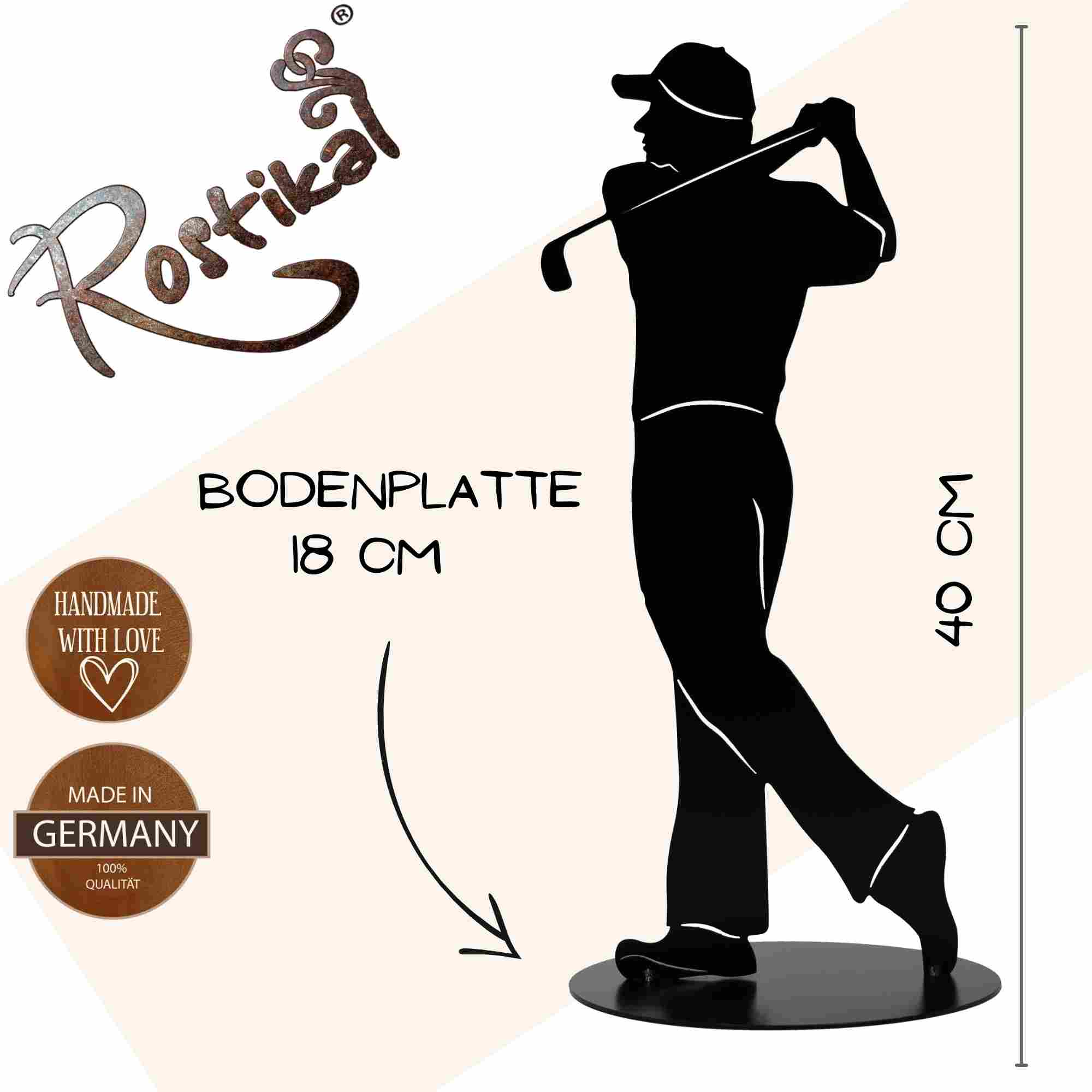 40 cm hohe Golfspieler Deko Figur aus Metall in eleganter schwarzer Pulverbeschichtung mit Struktur.