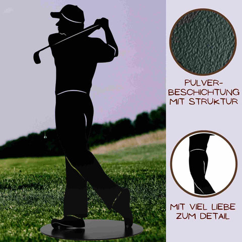 Die detaliert gearbeitete Golfspieler Dekofigur aus Metall sorgt durch die schwarze Pulverbeschichtung für einen Bilckfang.