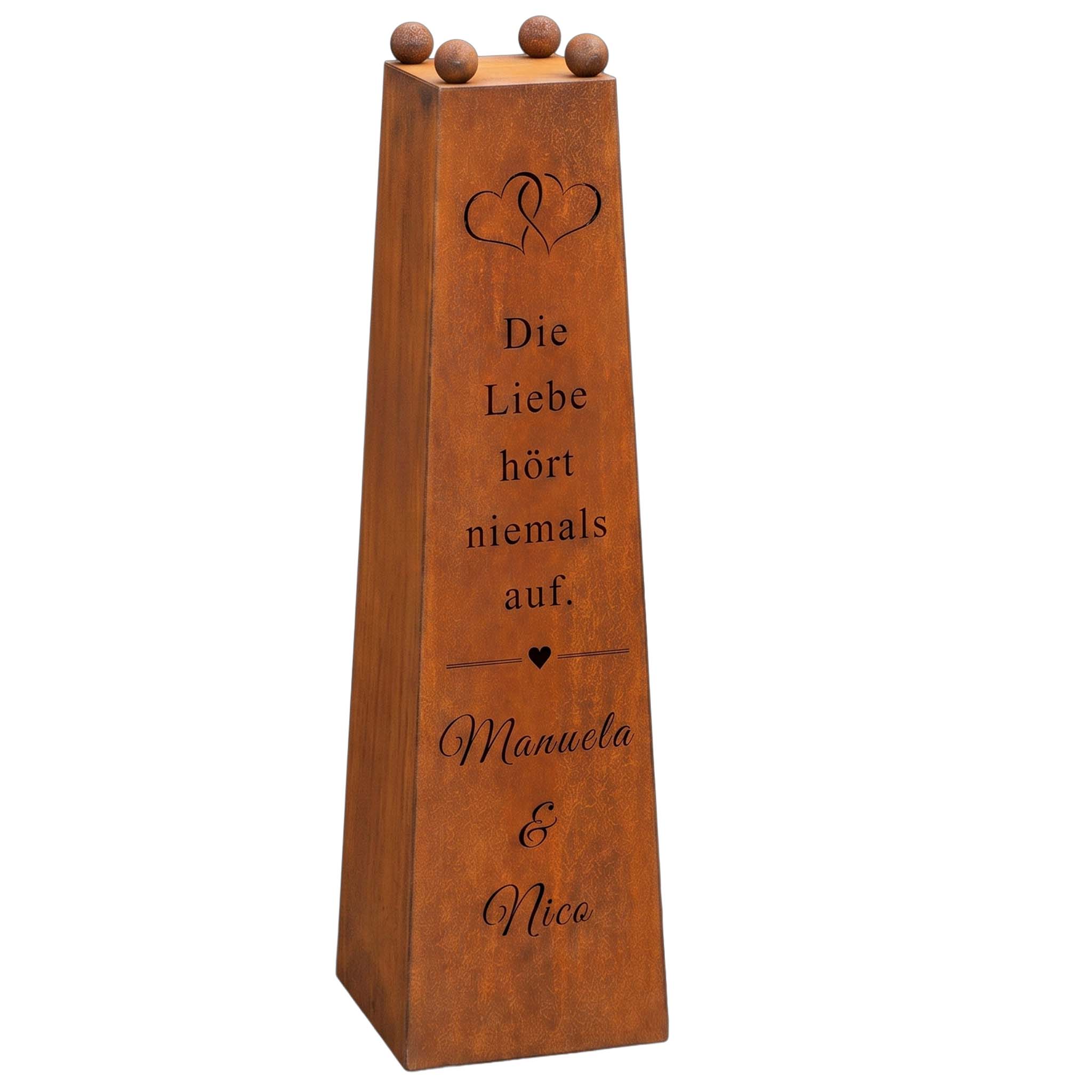 Edelrost Hochzeitssäule „Die Liebe hört niemals auf" – Cortenstahl Säule mit Pflanzschale