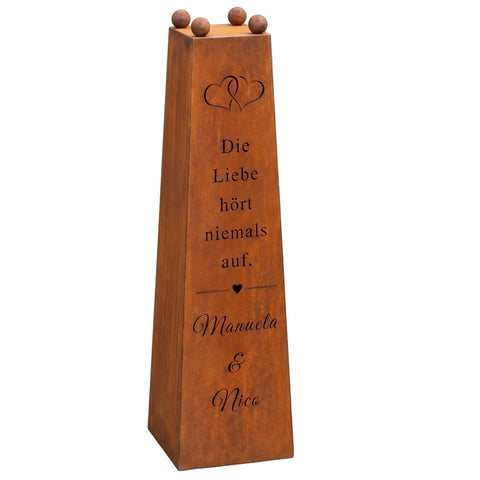 Edelrost Hochzeitssäule „Die Liebe hört niemals auf" – Cortenstahl Säule mit Pflanzschale