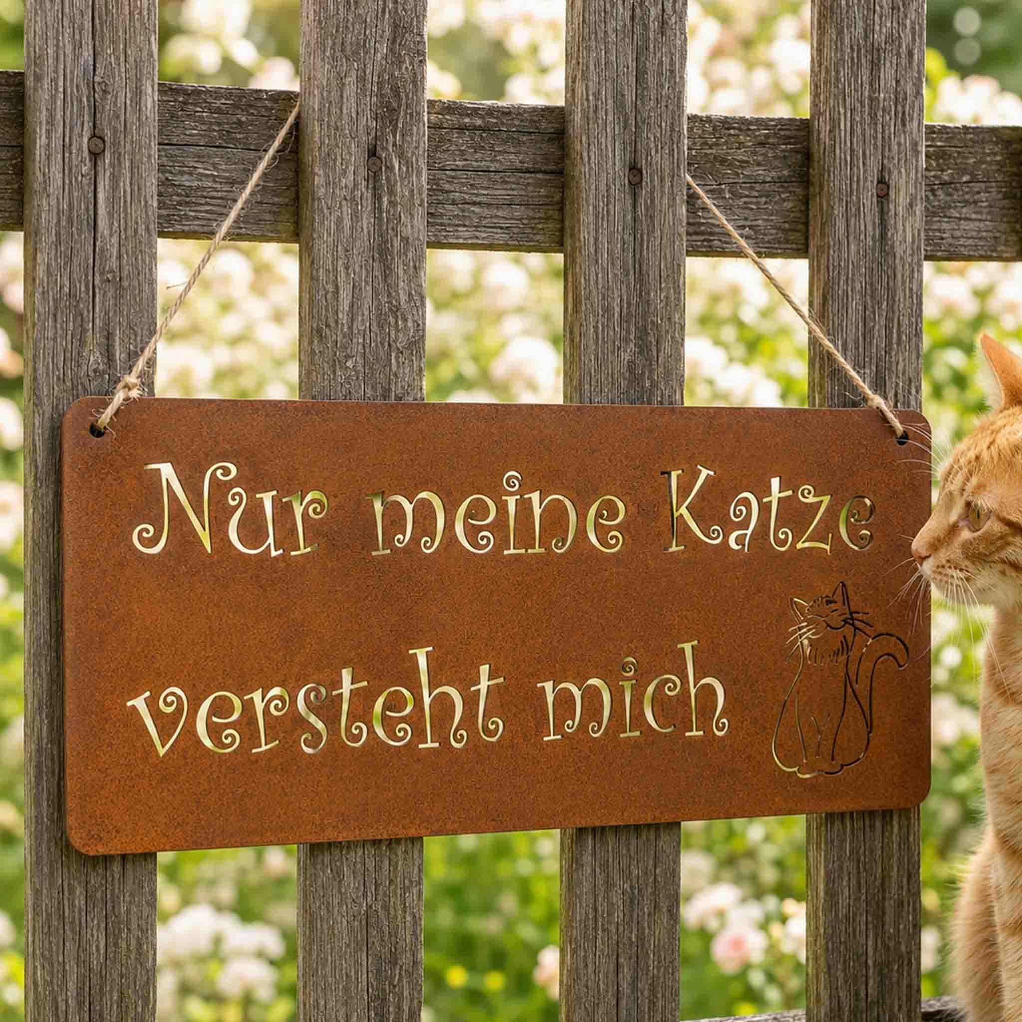 Katzenschild „Nur meine Katze versteht mich" aus Cortenstahl, 30 x 13 cm, fertig gerostet