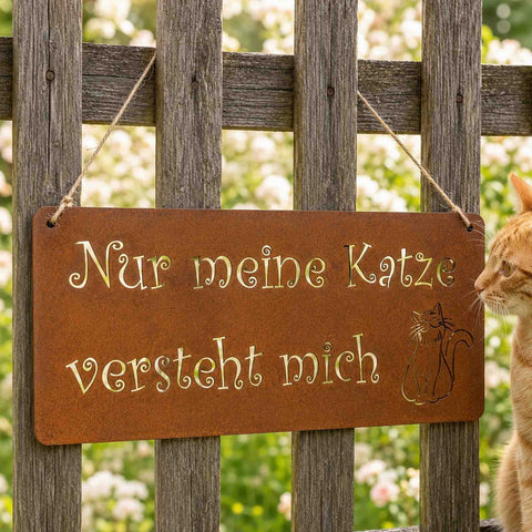 Katzenschild „Nur meine Katze versteht mich" aus Cortenstahl, 30 x 13 cm, fertig gerostet