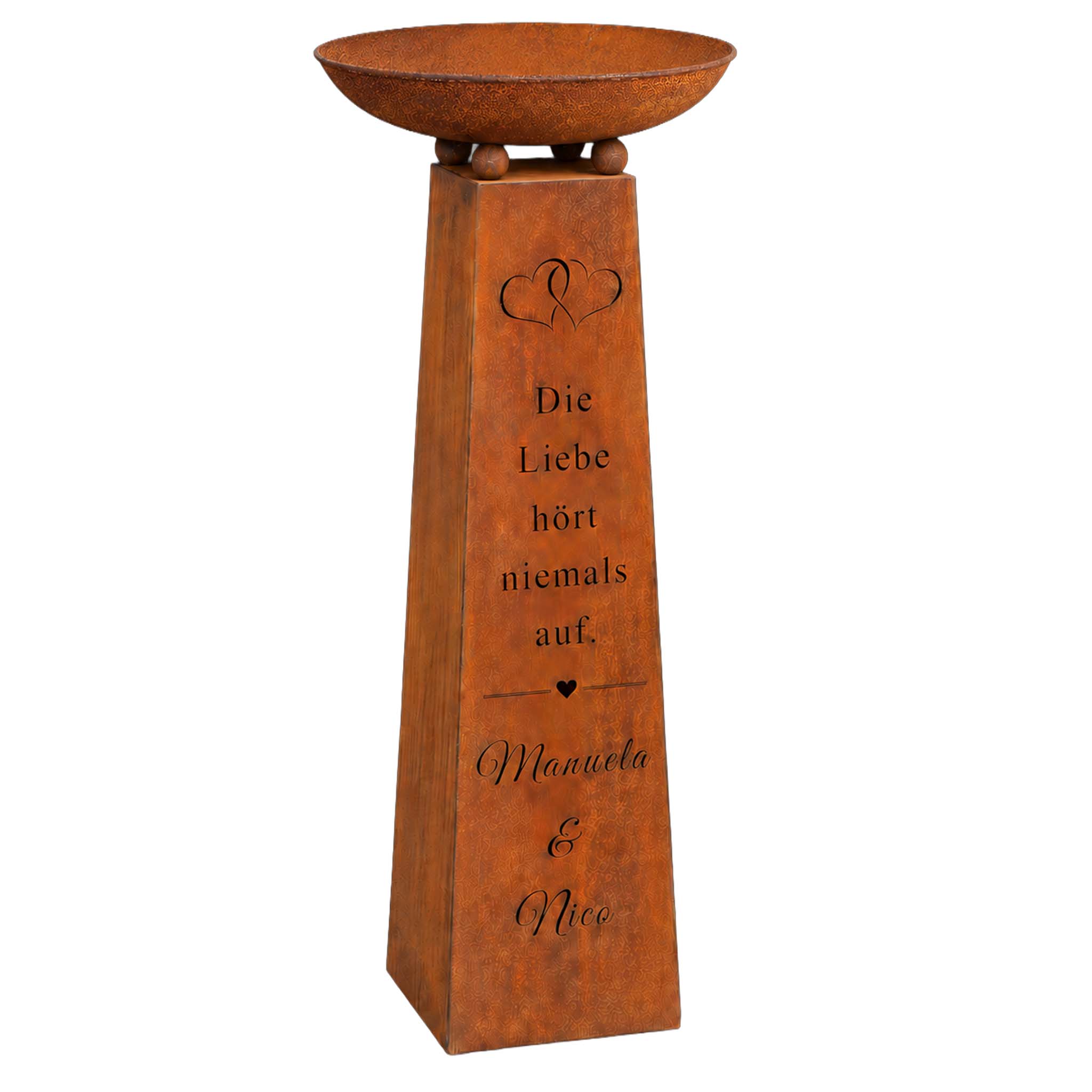 Edelrost Hochzeitssäule „Die Liebe hört niemals auf" – Cortenstahl Säule mit Pflanzschale