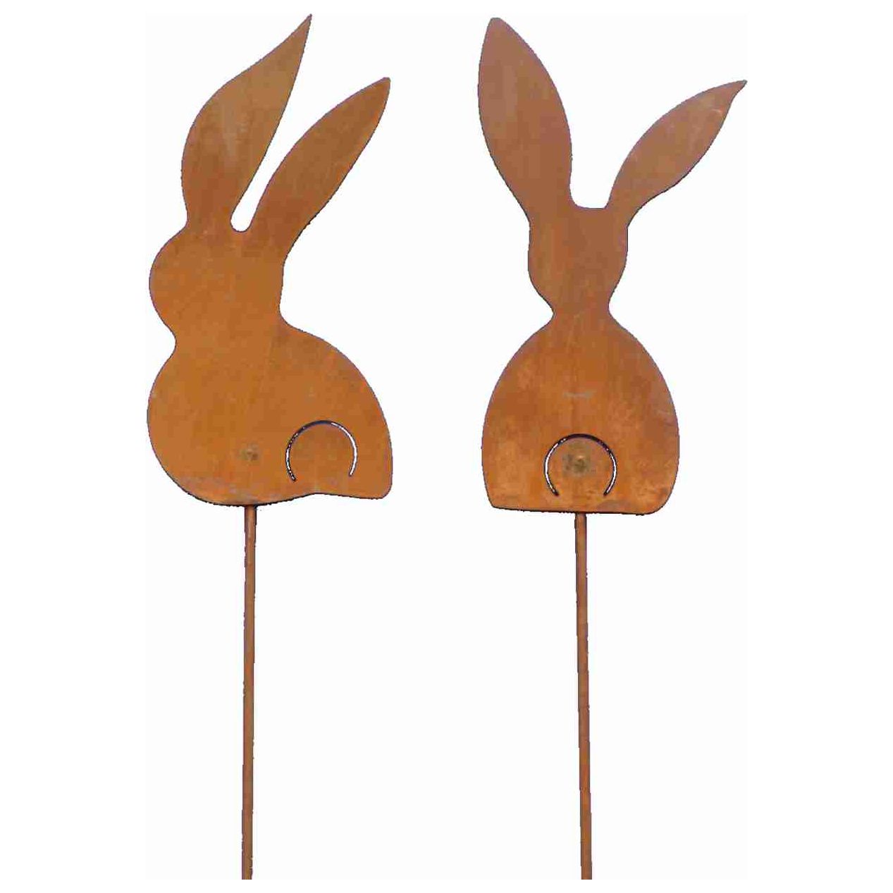 Handgefertigte Osterdeko-Metallhasen als Gartenstecker - Rostikal Manufaktur. Diese rostigen Hasen sind eine perfekte Osterdekoration für Garten und Haus.