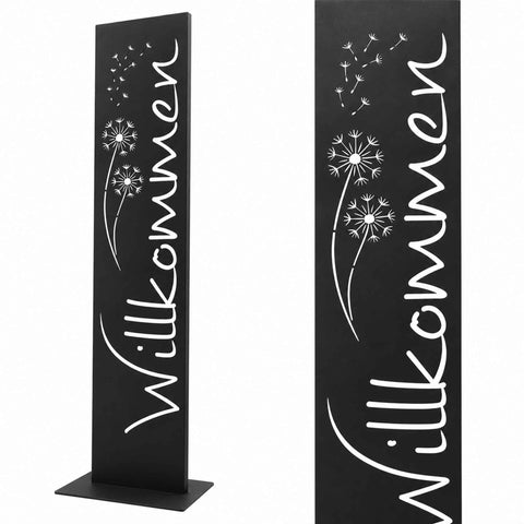 Willkommen Schild schwarz mit Pusteblume – Metall Stele 71 cm auf Bodenplatte