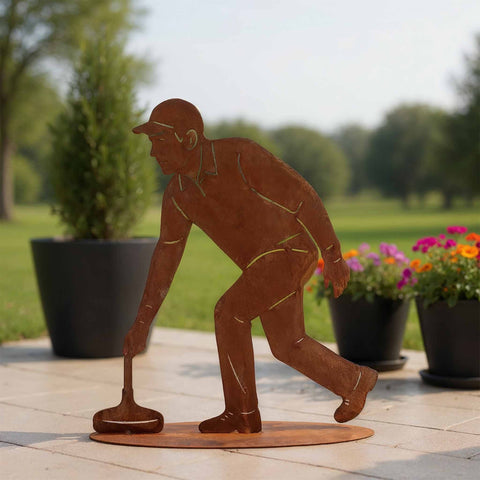 Eisstockschütze Edelrost Figur 34 cm – Cortenstahl Gartendeko wetterfest