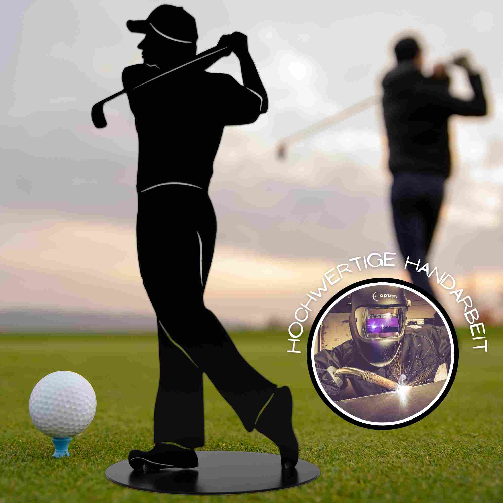 In fachmännischer Handwerkskunst entsteht dieser Golf Spieler aus Metall mit schwarzer Beschichtung in der Manufaktur von Rostikal.