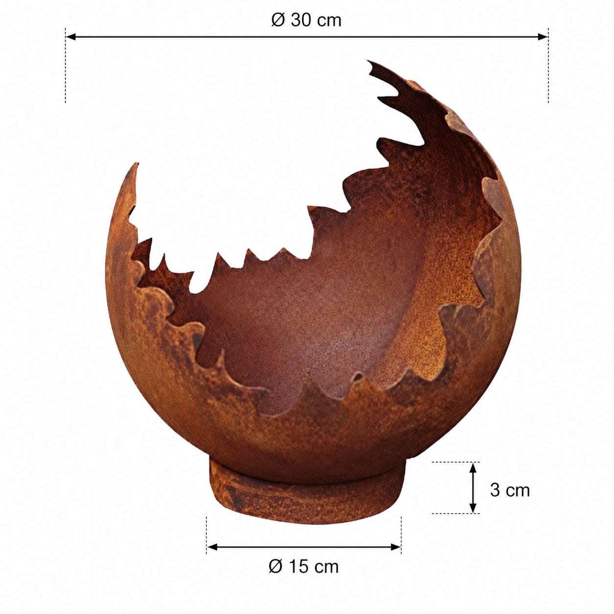 Feuerkugel Maße – Skizze mit Abmessungen: Ø 30 cm, Standring Ø 15 cm, 3 cm hoch.