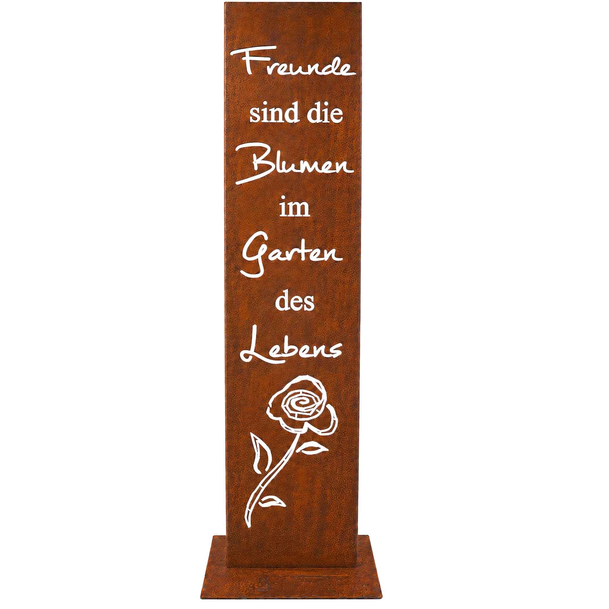 Cortenstahl Gartenstele „Freunde sind die Blumen im Garten des Lebens“ mit Rose im Edelrost-Look