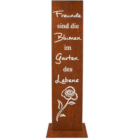 Cortenstahl Gartenstele „Freunde sind die Blumen im Garten des Lebens“ mit Rose im Edelrost-Look