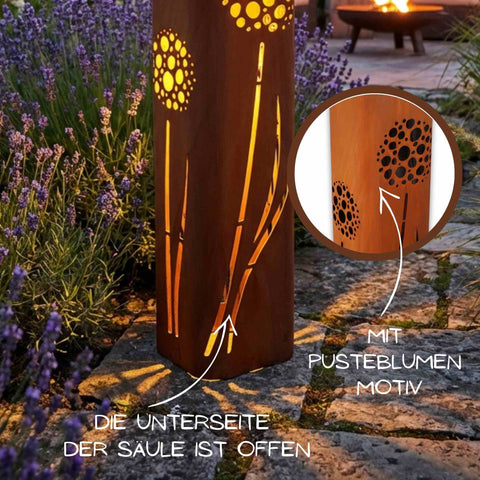 Gartensäule aus Cortenstahl mit Pusteblumenmotiv – 16 × 16 × 80 cm