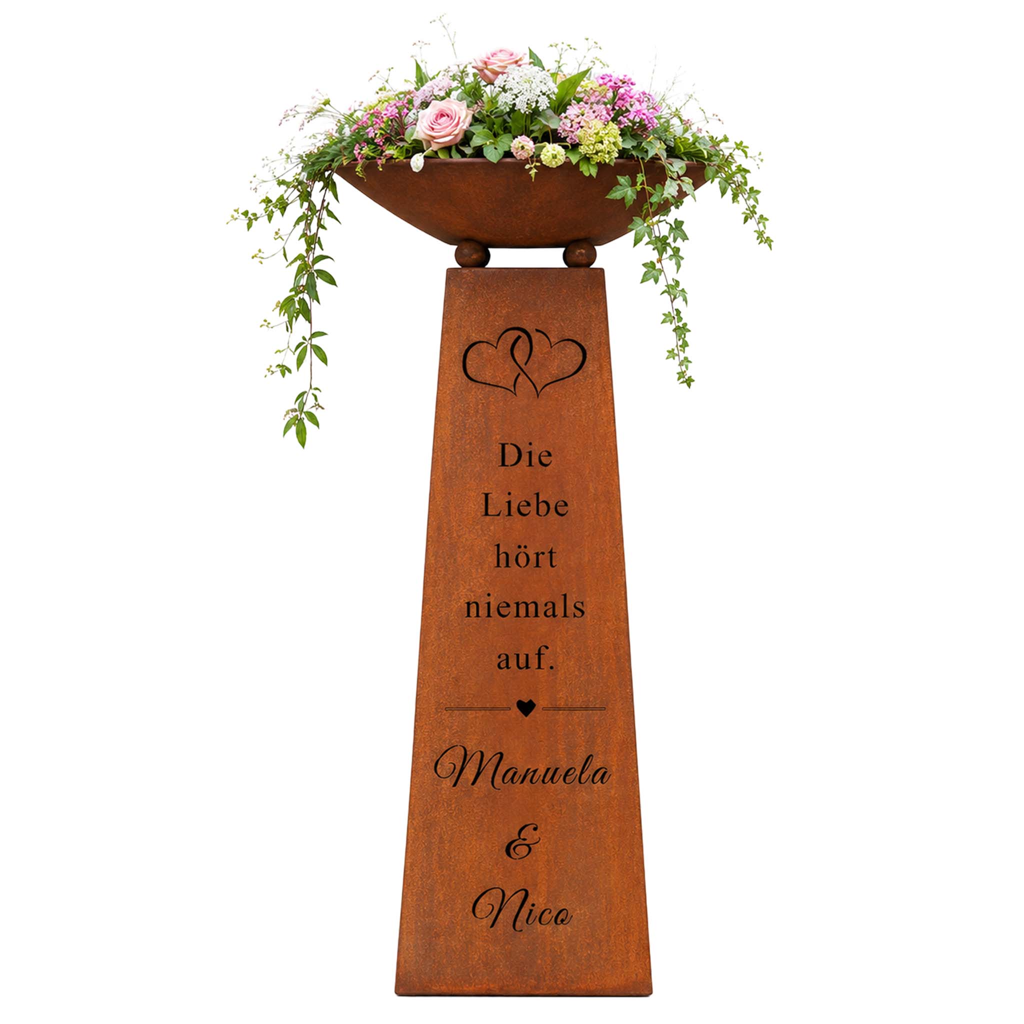 Edelrost Hochzeitssäule „Die Liebe hört niemals auf" – Cortenstahl Säule mit Pflanzschale