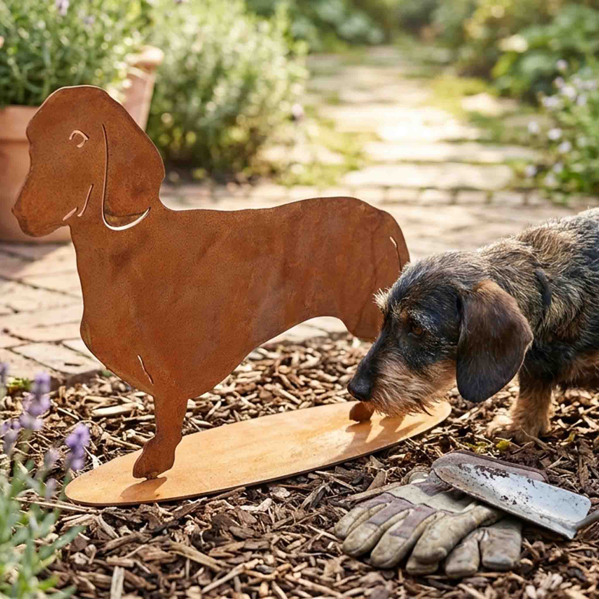Dackel Deko Figur aus Cortenstahl im Garten – echter Dackel beschnuppert die Metall-Figur auf ovaler Bodenplatte.