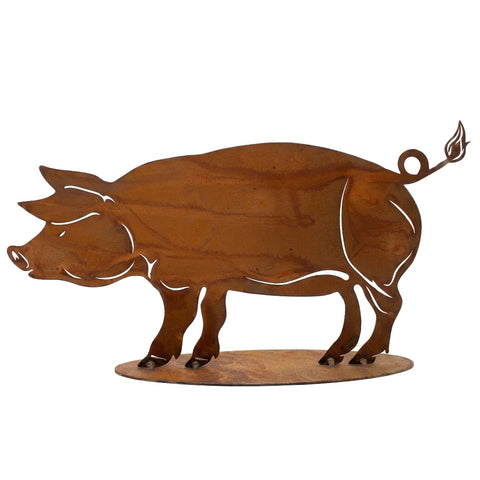 Deko Schwein aus Cortenstahl, Nahaufnahme mit Edelrost-Patina im Garten