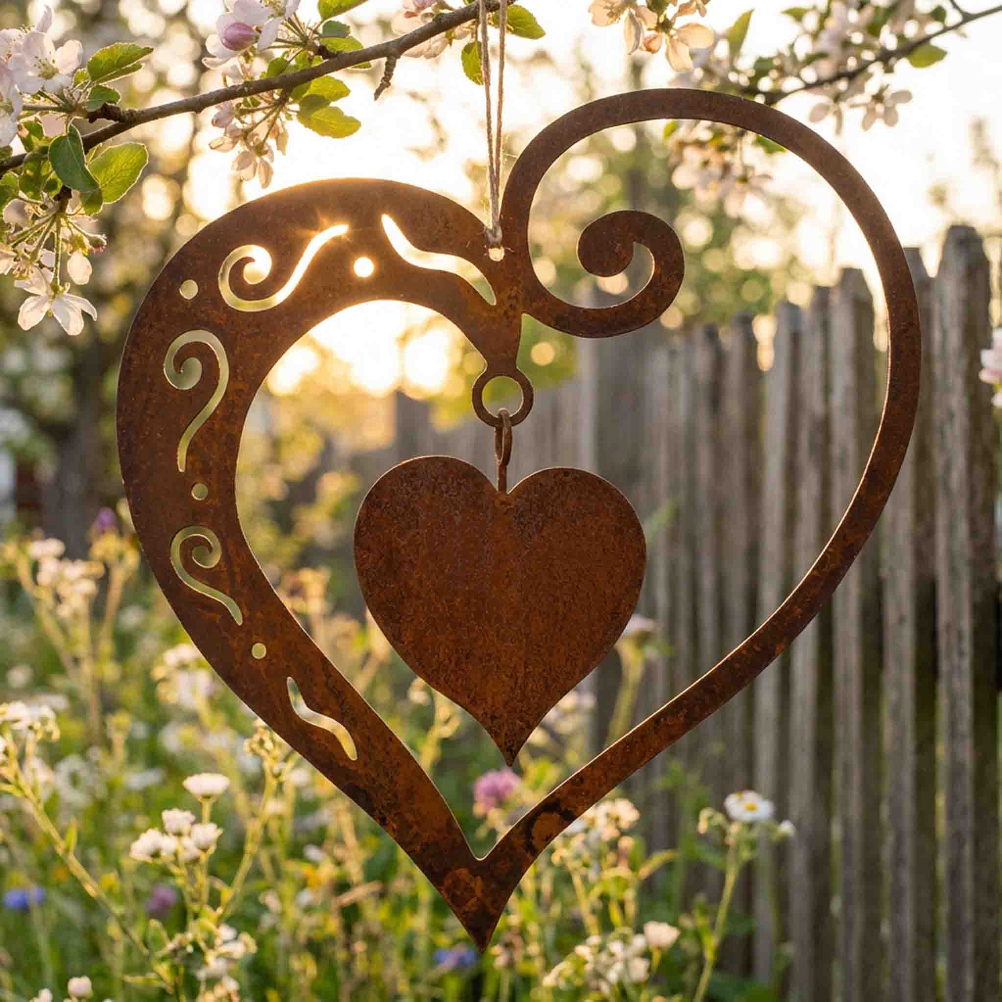 Edelrost Herz mit beweglichem Innenherz als Hängedeko an Apfelblütenzweig vor Gartenzaun im Abendlicht - romantische Geschenkidee zum Muttertag von Rostikal