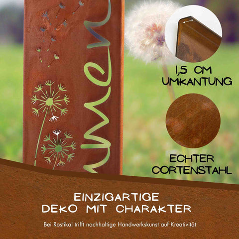 Detailansicht einer Edelrost Willkommensstele mit Pusteblumen-Motiv – Umkantung 1,5 cm, echter Cortenstahl mit charakteristischer Rost-Patina, nachhaltige Gartendeko handgefertigt von Rostikal.