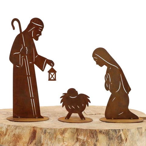 Edelrost Krippenfiguren Set – Maria, Josef & Krippe | Weihnachtsdeko aus Metall