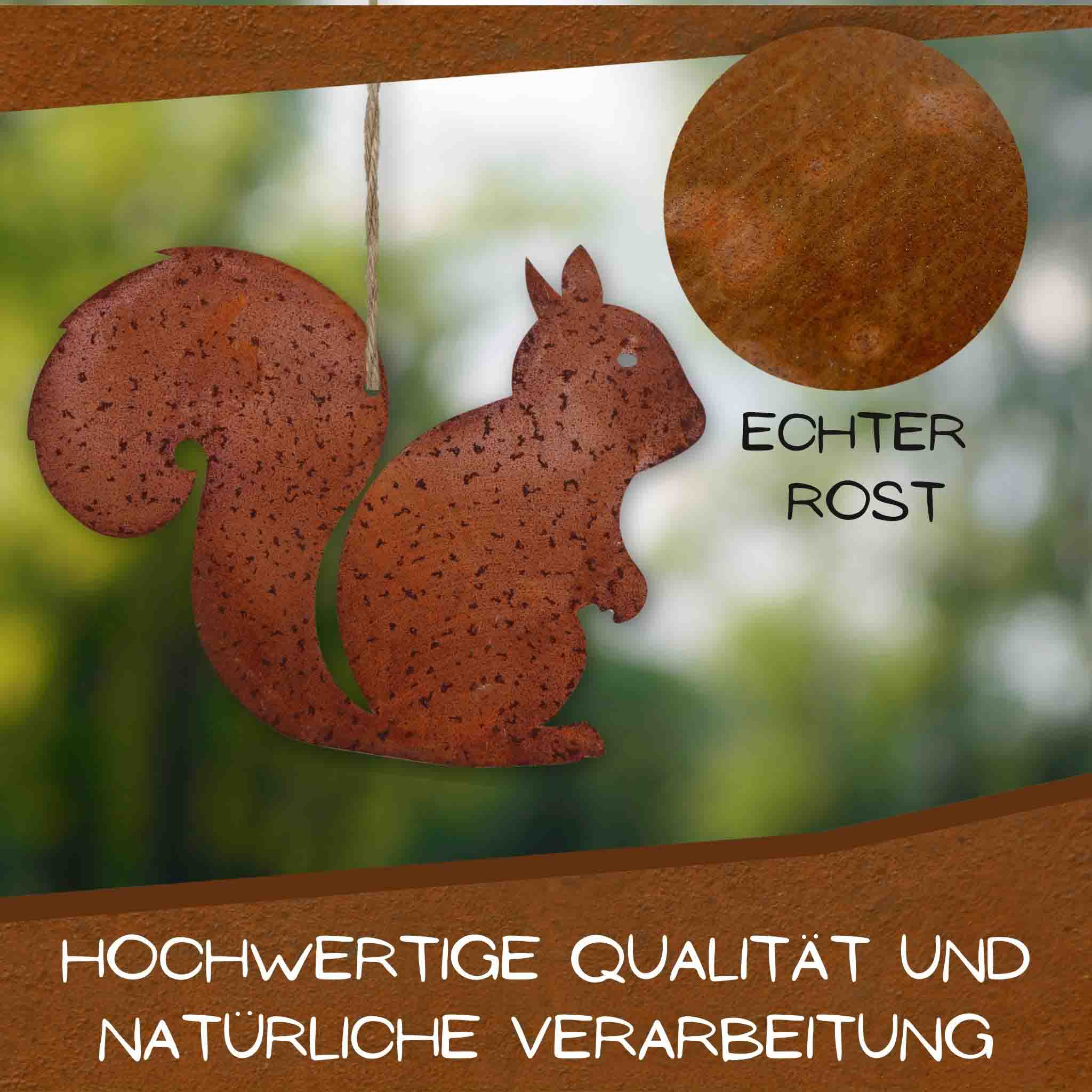 Rostiges Eichhörnchen zum Hängen – aus Metall mit natürlicher Patina, perfekte Herbstdeko für Haus und Garten.