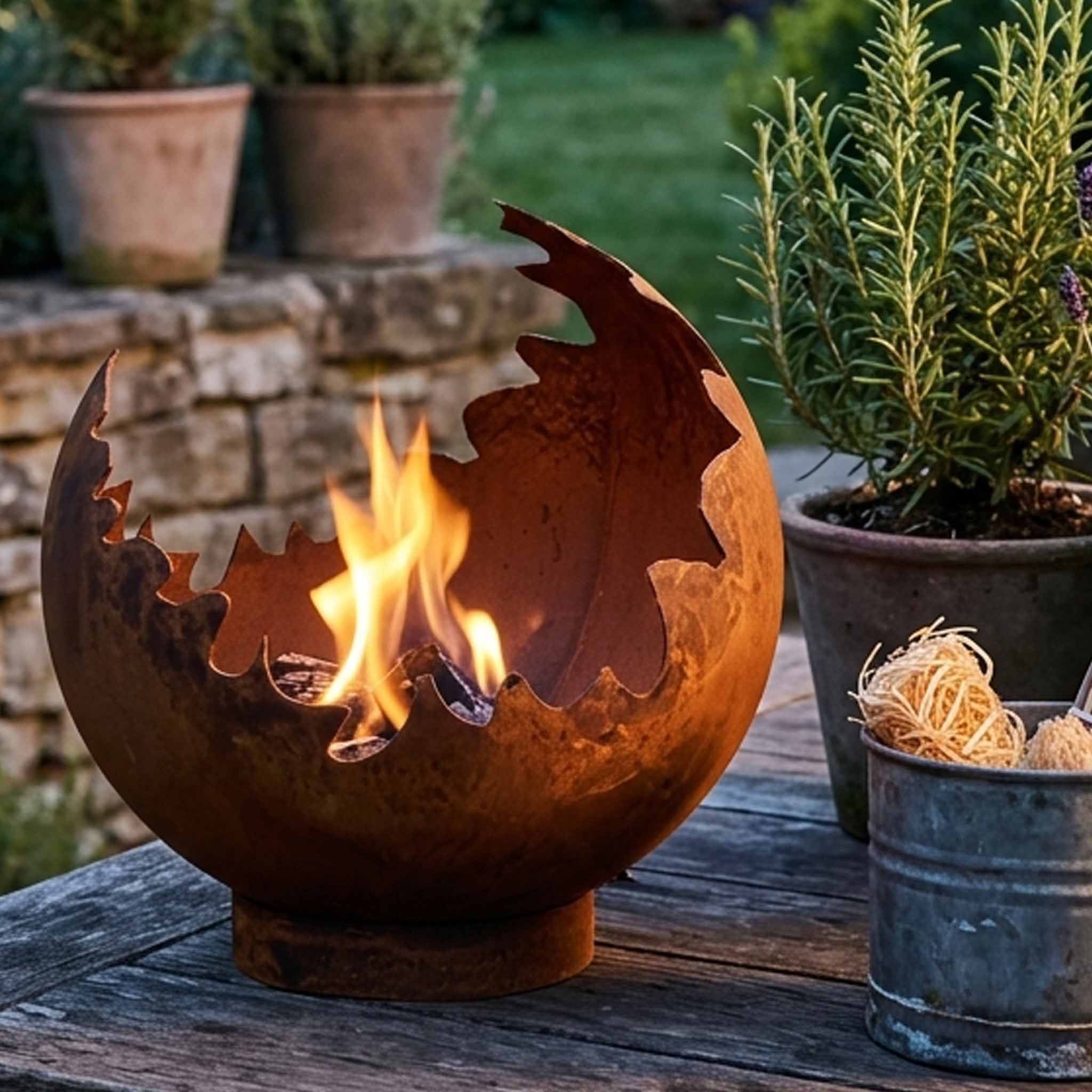 Feuerkugel für den Garten – Edelrost Kugel mit Flammenrand, Ø 30 cm, fertig gerostet.