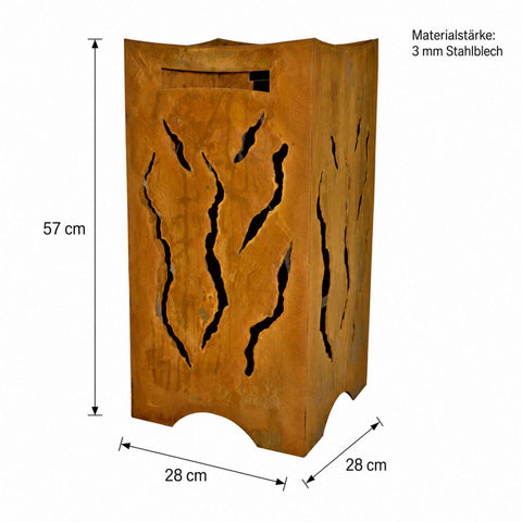 Feuertonne Maße – Skizze mit Abmessungen: 57 cm hoch, 28 × 28 cm Grundfläche, 3 mm Stahlblech.