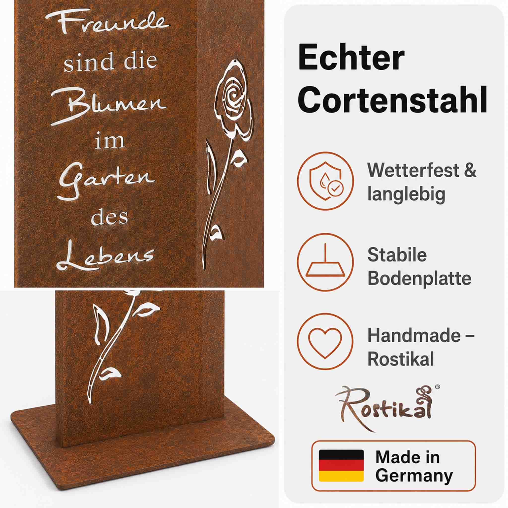 Rost Gartenschild „Freunde sind die Blumen im Garten des Lebens“ als Deko im Blumenbeet