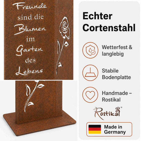 Rost Gartenschild „Freunde sind die Blumen im Garten des Lebens“ als Deko im Blumenbeet