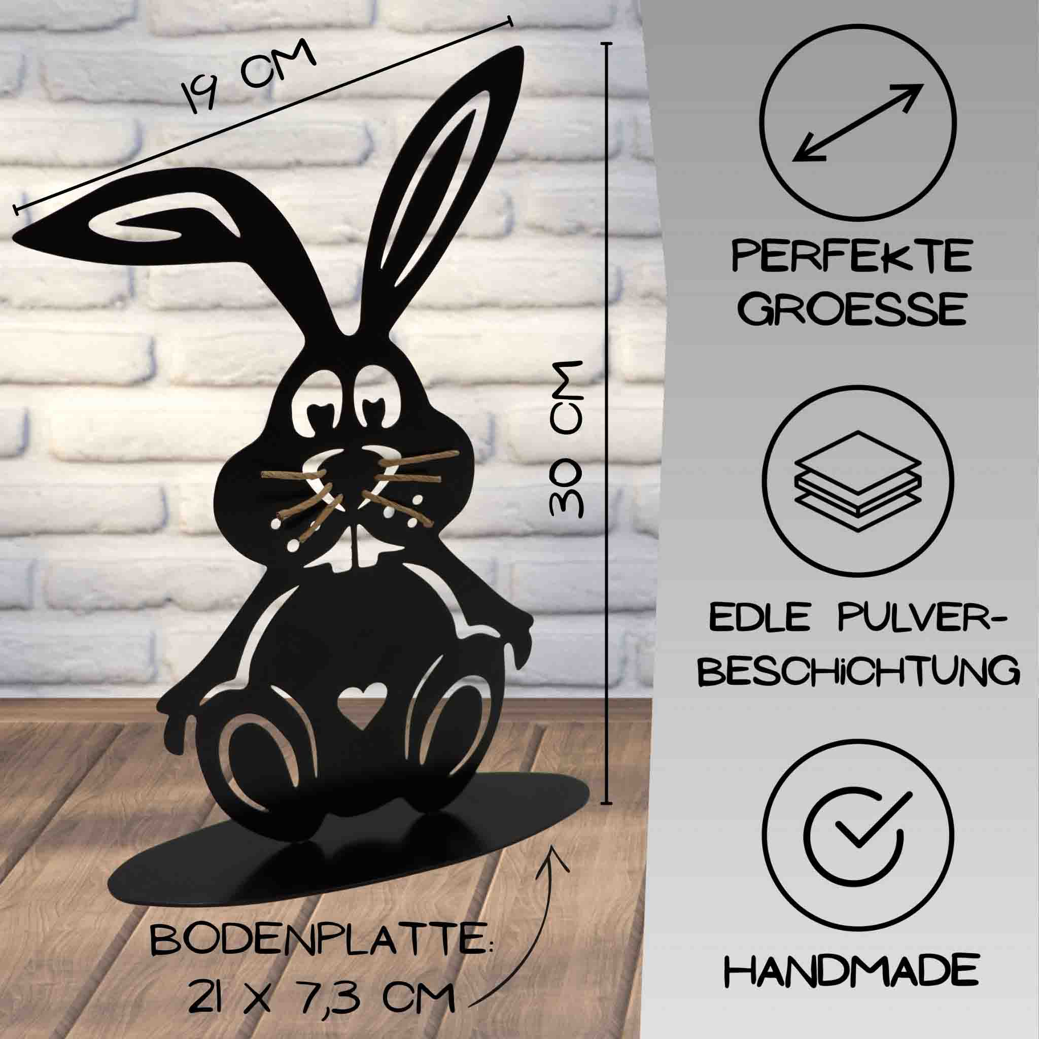 Edler Osterhase aus schwarz matt pulverbeschichtetem Metall als Wohn- und Gartendekoration, handgefertigt mit Liebe zum Detail