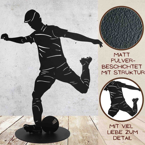 Sportliche Fußball-Figur, pulverbeschichtet in Schwarz Matt, als Gartendeko
