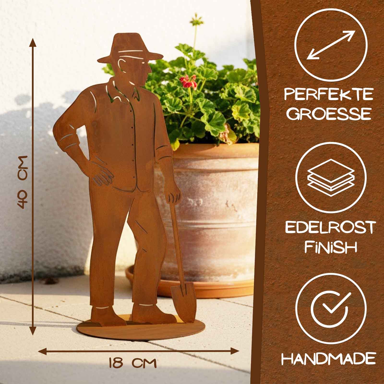 Edelrost Gärtner Figur – Metall Gartendeko für Garten & Terrasse