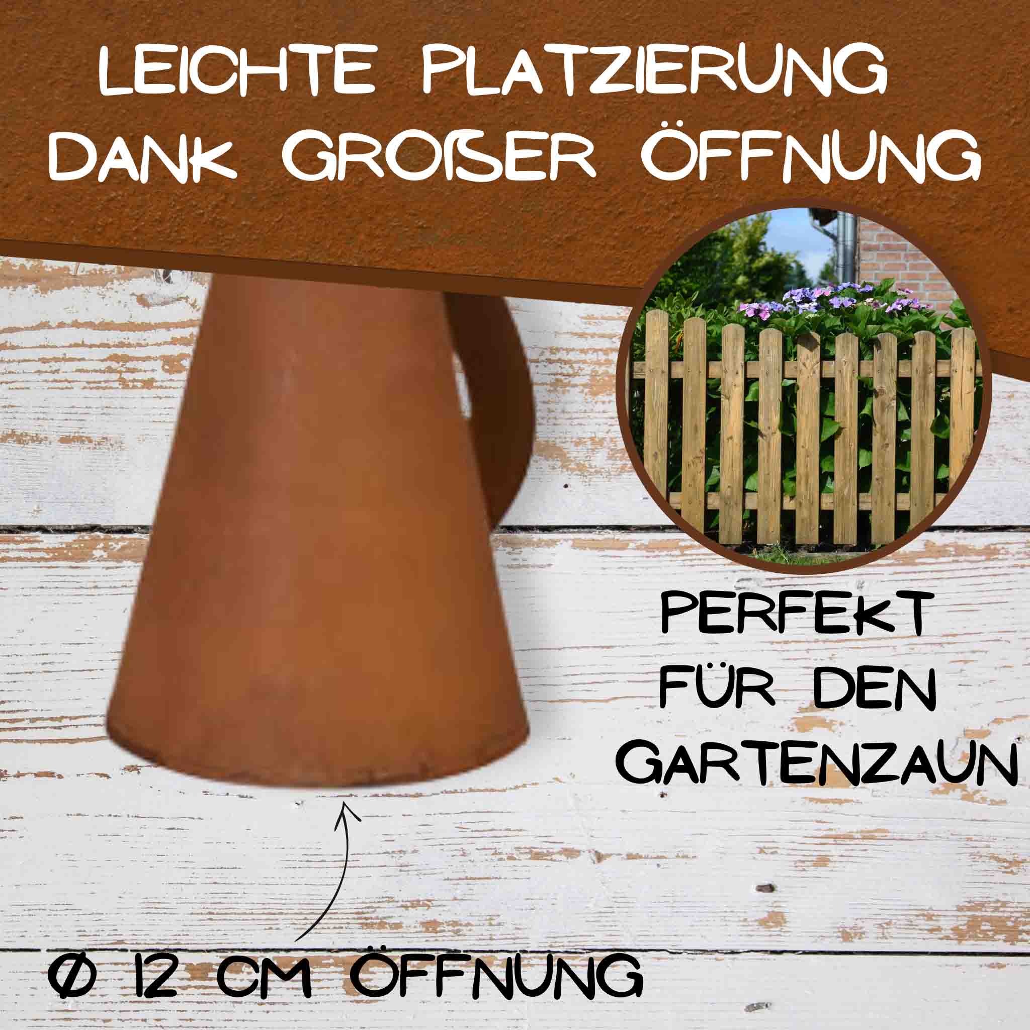 Detailaufnahme eines edelrost Zaunhockers in Katzenform, Ø 12 cm große Öffnung zur einfachen Platzierung auf dem Gartenzaun, perfekt als dekoratives Gartenaccessoire