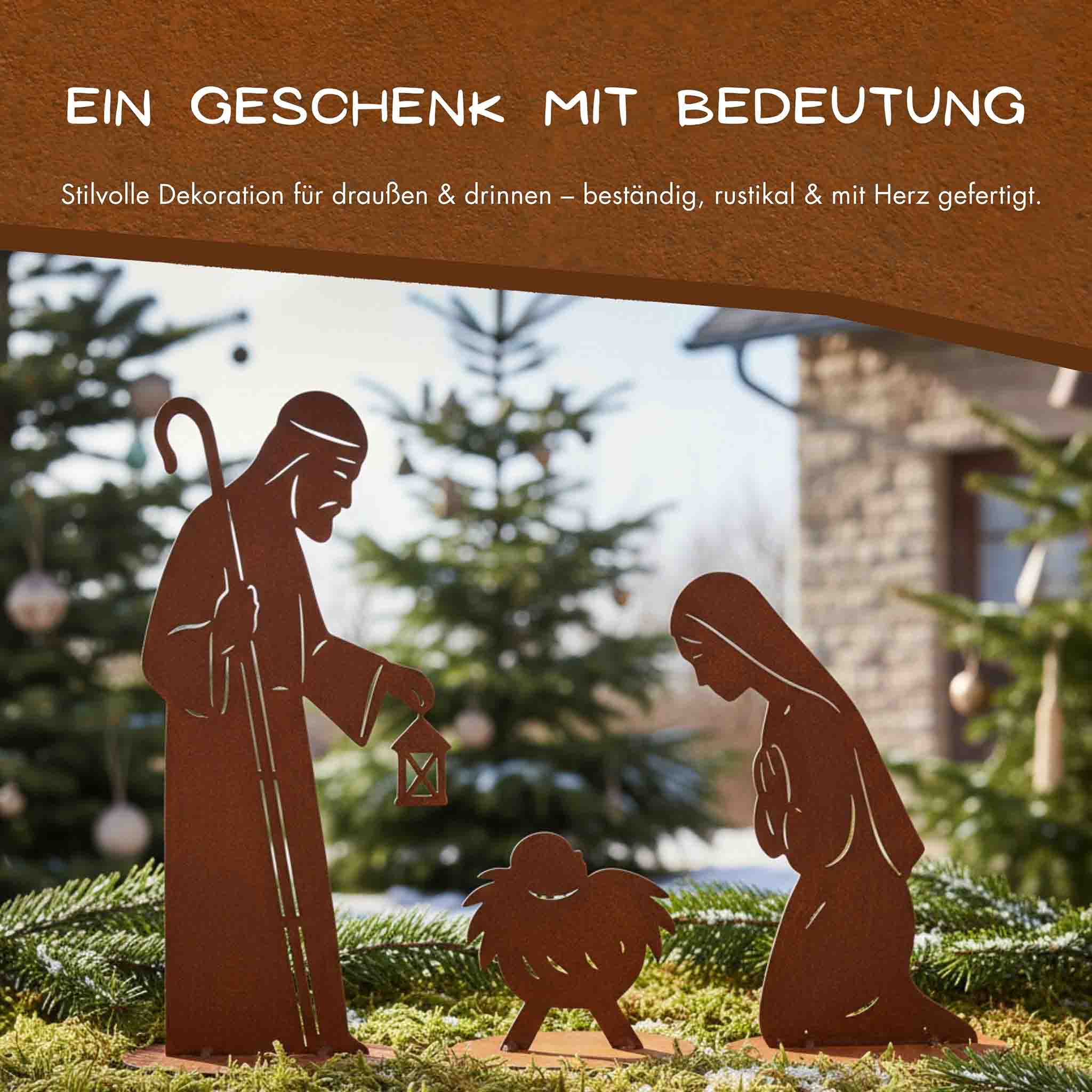 Edelrost Krippenfiguren Set – Maria, Josef & Krippe | Weihnachtsdeko aus Metall