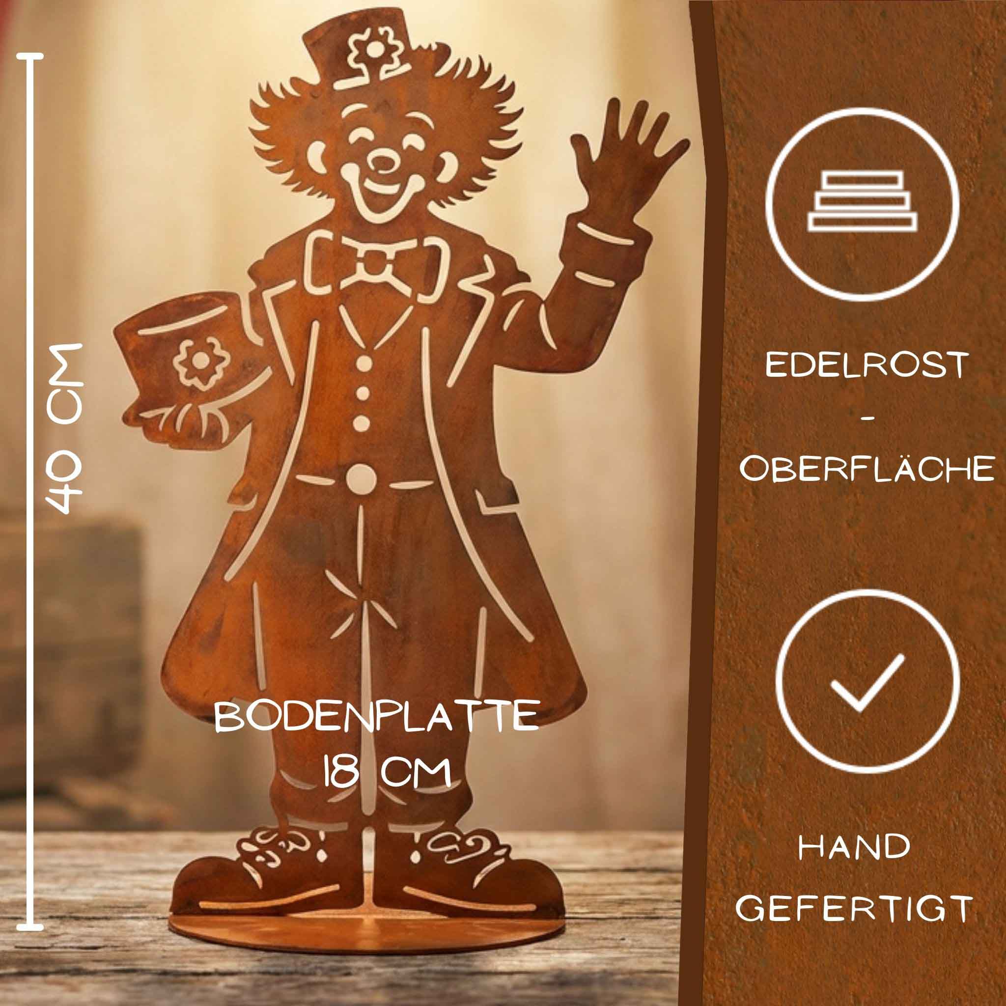 Clown Bebbo aus Edelrost 40 cm mit 18 cm Bodenplatte – handgefertigte Cortenstahl Gartendeko
