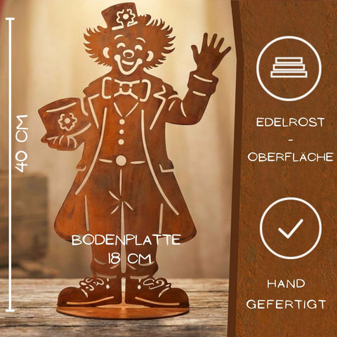 Clown Bebbo aus Edelrost 40 cm mit 18 cm Bodenplatte – handgefertigte Cortenstahl Gartendeko
