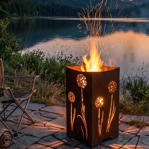 Feuerkorb mit Pusteblumen-Motiv am Abend – Lichtspiel durch Lasercut, Feuerstelle aus 3 mm Stahl auf Steinplatten am See.