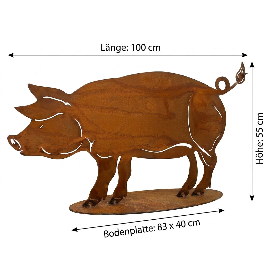 Deko Schwein aus Cortenstahl, Bemaßungsskizze der großen Variante 100 x 55 cm