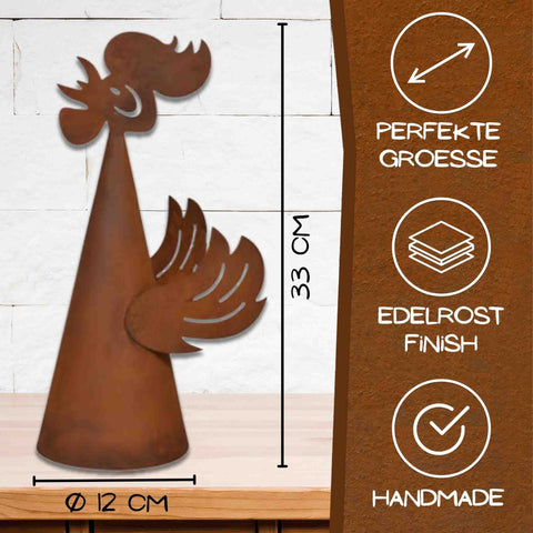 Edelrost Pfostenhocker in Tierform: Hahn mit handgefertigtem Design, 33 cm hoch, Ø 12 cm, dekorativ für Garten und Zaun, edles Rostfinish.