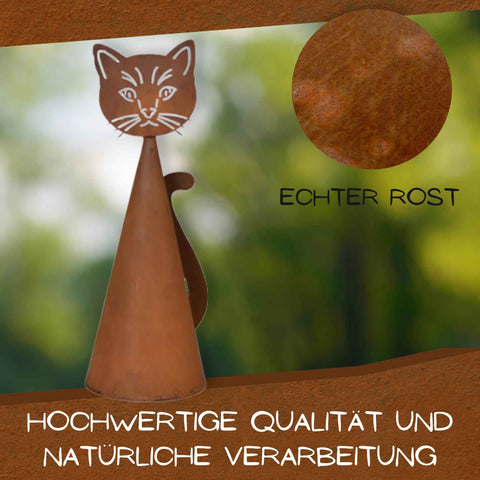 Hochwertiger Edelrost Zaunhocker in Katzenform, Detailaufnahme mit natürlichem Rostfinish, perfekte handgefertigte Dekoration oder Geschenkidee für Katzenfreunde