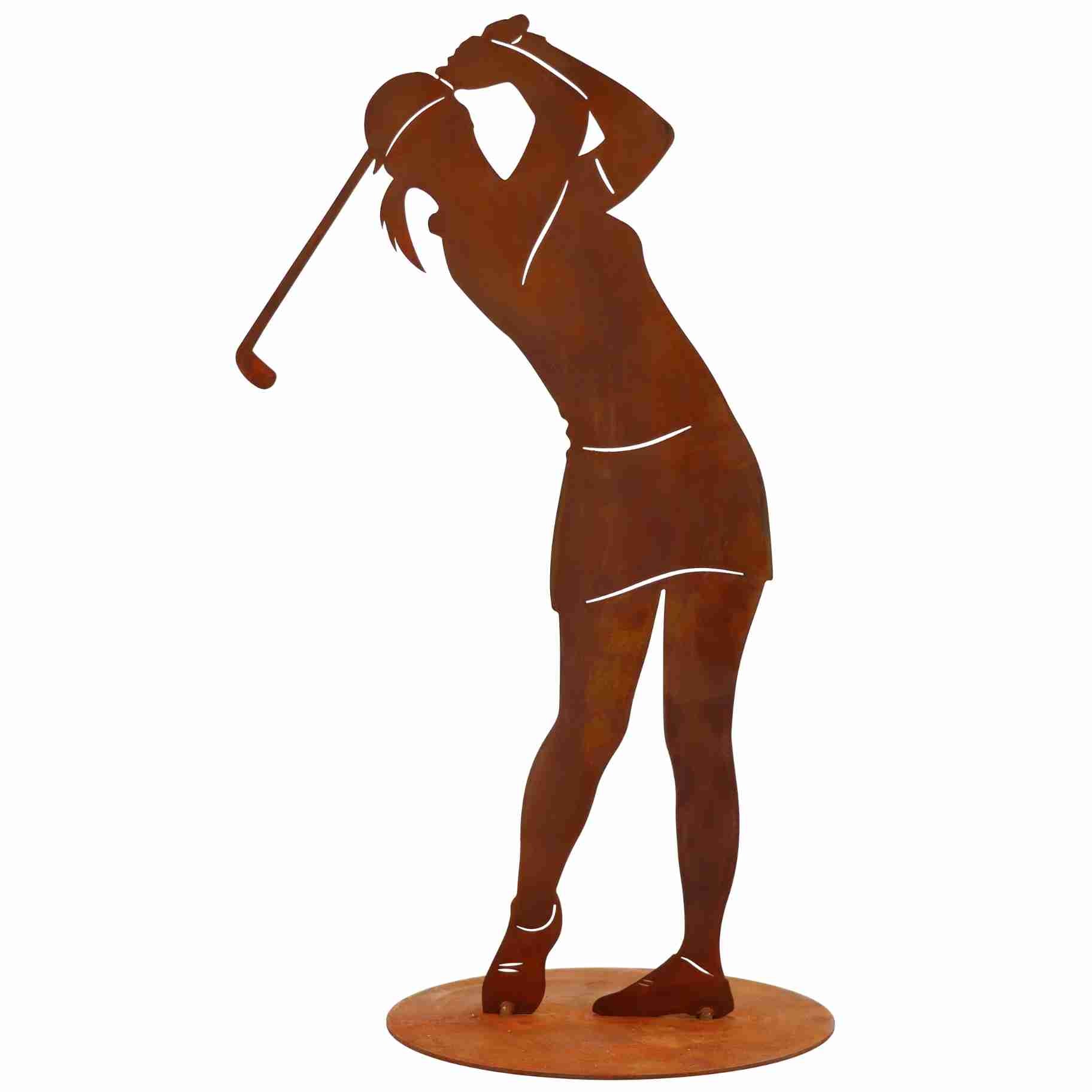 Edelrost Golf Spielerin Figur aus langlebigen Metall als einzigartige Dekoration, die Ihr Wohnzimmer, den Garten und die Terrasse verziert.