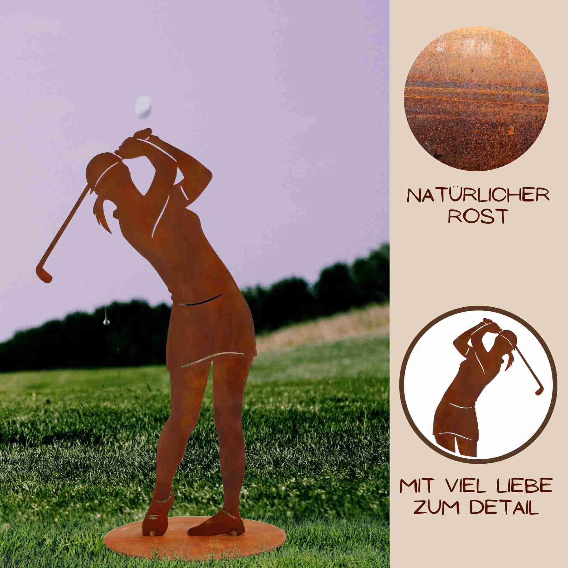 Sorgfältig von Hand hergestellte Metall Golferin Skulptur im trendigen Edelrost Design für den Innen- und Außenbereich in Ihrem Zuhause.