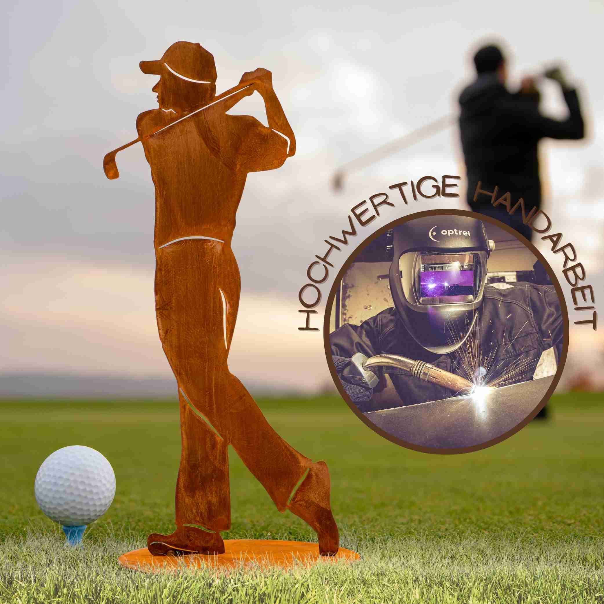 Diese hochwertig von Hand hergestellte Metall Skulptur zeigt einen Golfspieler beim Abschlag und sorgt als Wohn- und Gartendeko für einen Blickfang
