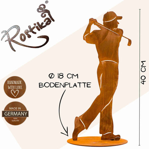 Vielseitig verwendbare kunstvolle Rost Metall Skulptur eines Golfspielers mit Golfschäger als edle Wohn- und Gartendeko Figur